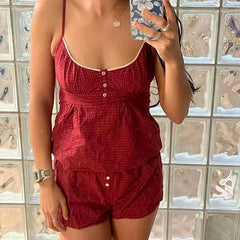 Red Plaid Buttons Tank Shorts Set Woman Back Lace-up Lace Trim Slim Camis+Elastic Waist Sweatshorts Sweet Cotton 2 Piece Sets