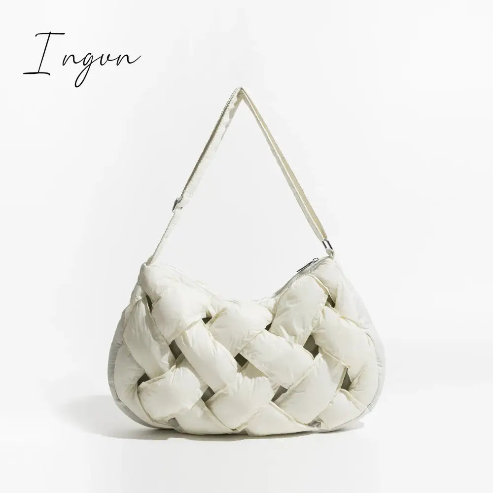 Ingvn - Black Woven Design Padded Shoulder Hobo Bag Cotton Down Crossbody Puffer Purse Big Women Winter Sling Handbag