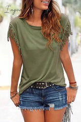 Ingvn -  Short-sleeve Loose Tassel T-shirt(3 Colors)