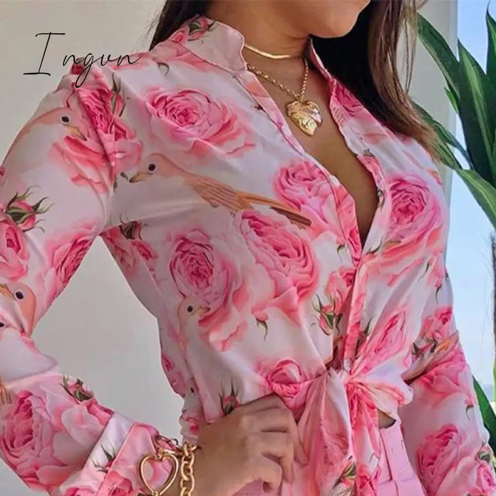 Ingvn - Shorts Sets Women's Summer Suit High Waist Shorts LongSleev Shirts Two Piece Set Printed Leisure Sets Womens Outfits Shorts Set