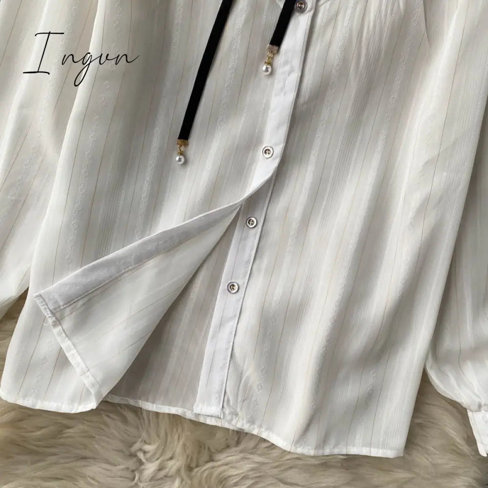 Ingvn - Spring Autumn Elegant 2 Piece Set Overalls Dress Women Bow Collar White Shirt Top+ Irregular Flower Print V-Neck Vest Dress
