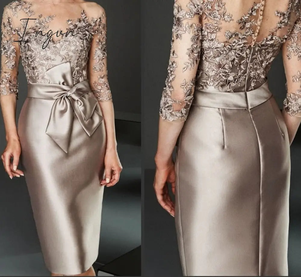 Ingvn - Silver Champagne Short Knee Length Lace Mother of the Bride Dresses Three Quarter Sleeves Mother Formal Wedding Guest Gown