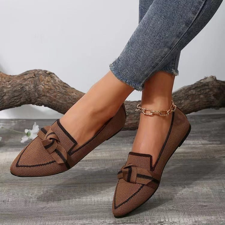 Slimming pointed toe plus size flat single-layer shoes for women fashionable flying woven slip-on bow casual breathable color matching single