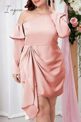 Ingvn - Pink Casual Solid Patchwork Asymmetrical Oblique Collar Long Sleeve Plus Size Dresses