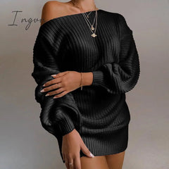 Ingvn - The hottest ladies casual off-shoulder lantern sleeve knitted sweater dress