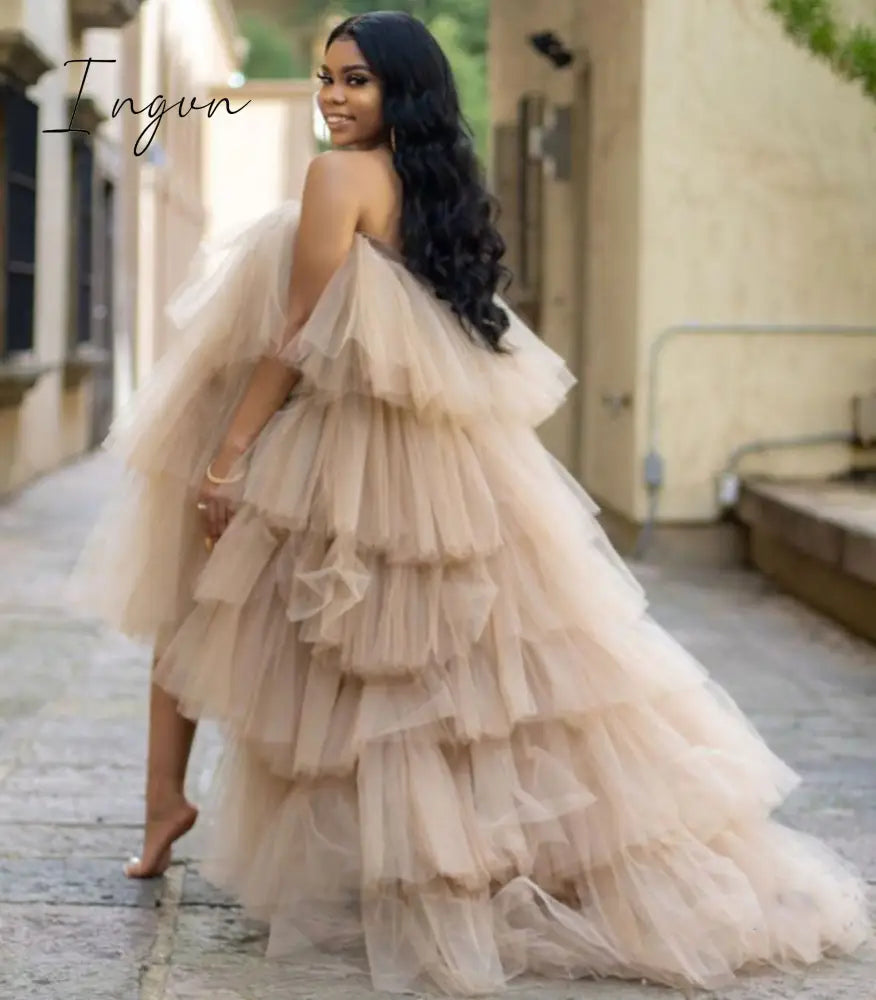 Ingvn - Hot Sale Ruffled Tulle Dress Women Puffy Hi Low Party Night Dresses Tiered Sleeveless Long Tutu Skirt Chic Photo Shoot Dress