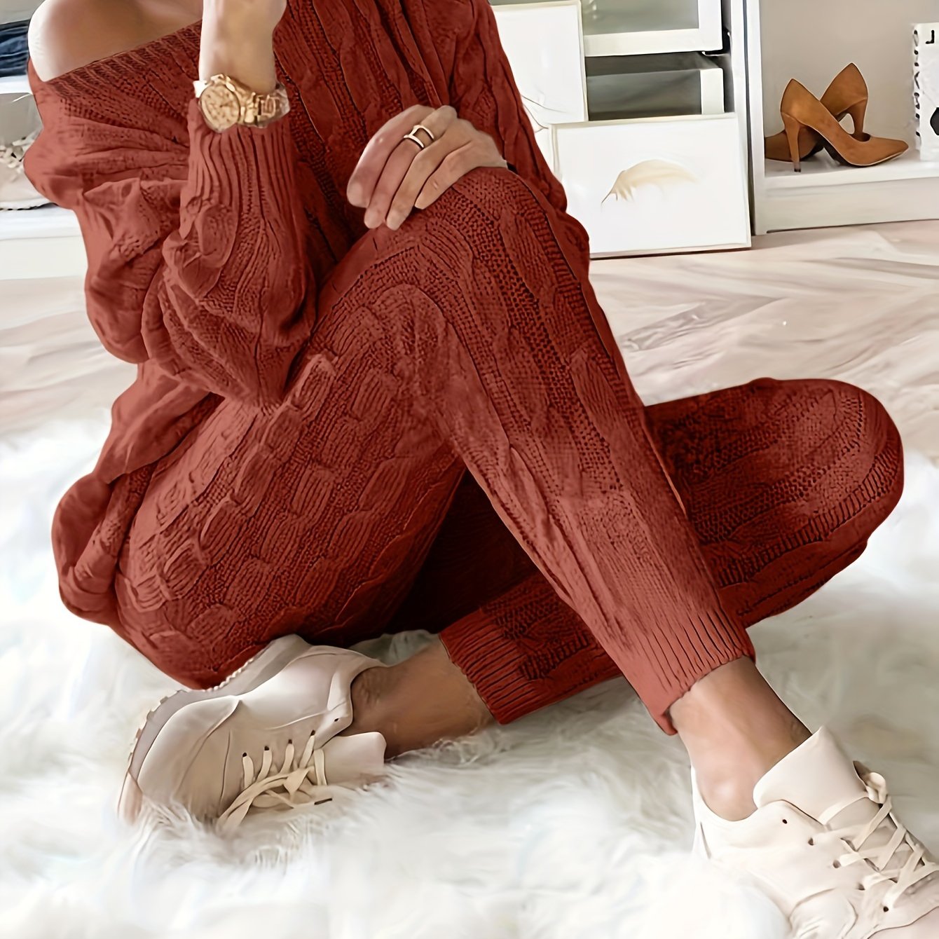 Solid Knitted Matching Two-piece Set, Casual Long Sleeve Sweater & Pants Outfits, Women's Clothing
