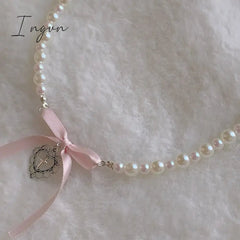 Bowknot Love Cross Imitation Pearl Pendant Necklace for Women French Romantic Sweet Clavicle Chain Harajuku Fashion Y2K Jewelry