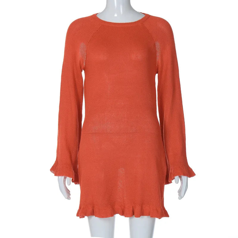 Ingvn  Fashion Casual Lace-up Backless Long Sleeve Sweater Dress Women's Autumn Hollow Out Knitting Short Holiday Party White Dresses