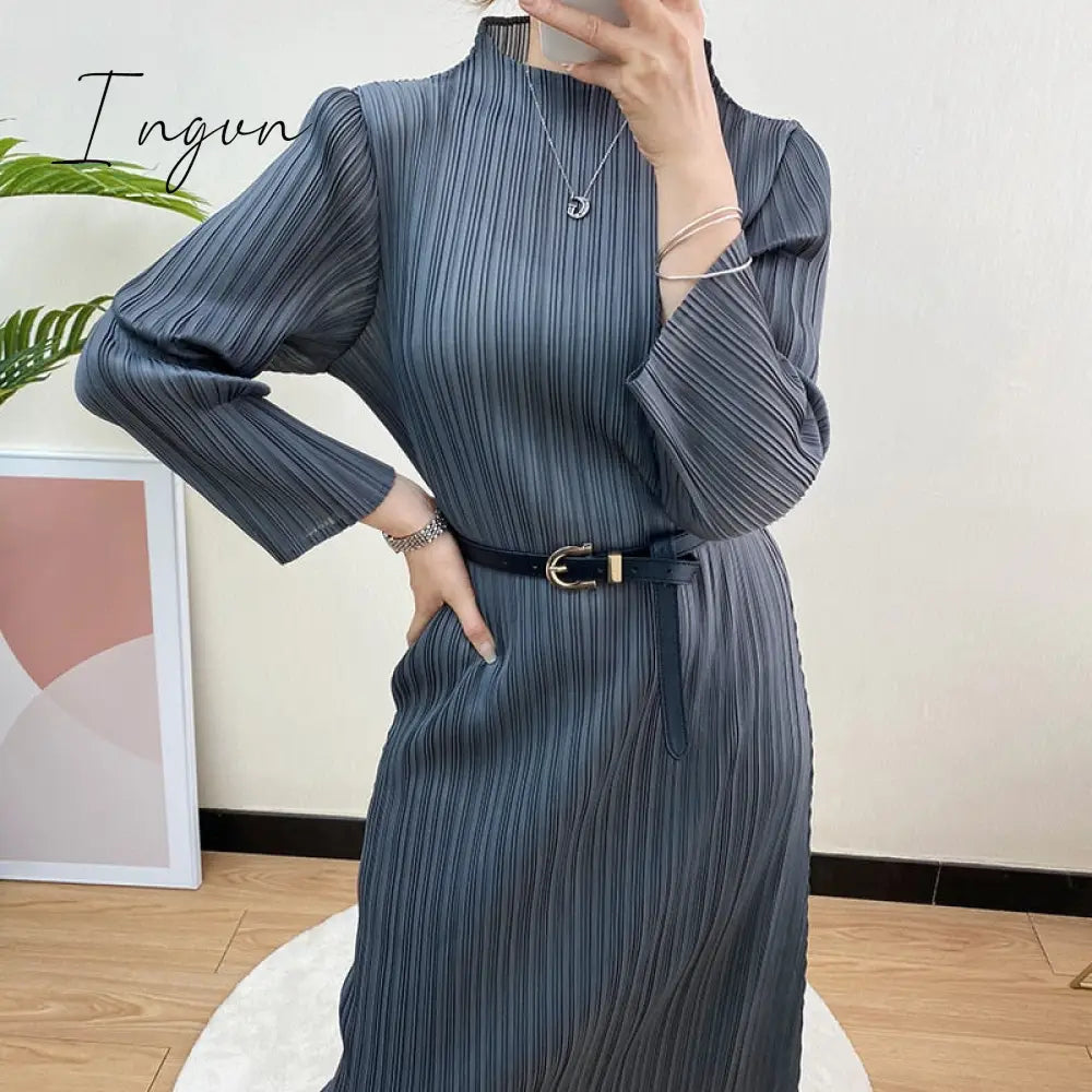 Ingvn - Trends Spring Winter Miyake Pleated Women Comfortable Dress Long Sleeve High Quality Korean Style Casual Aesthetic Clothes