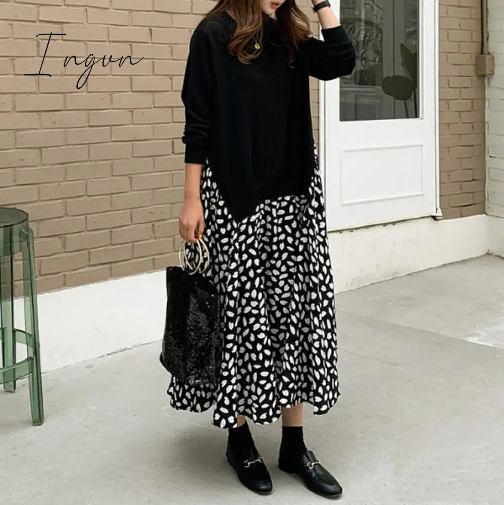 Ingvn - Autumn Women Plus Size XL-5XL Ladies Long Sleeve T-Shirt Dress Patchwork Print Robe Fake Two Piece Dress D08108R