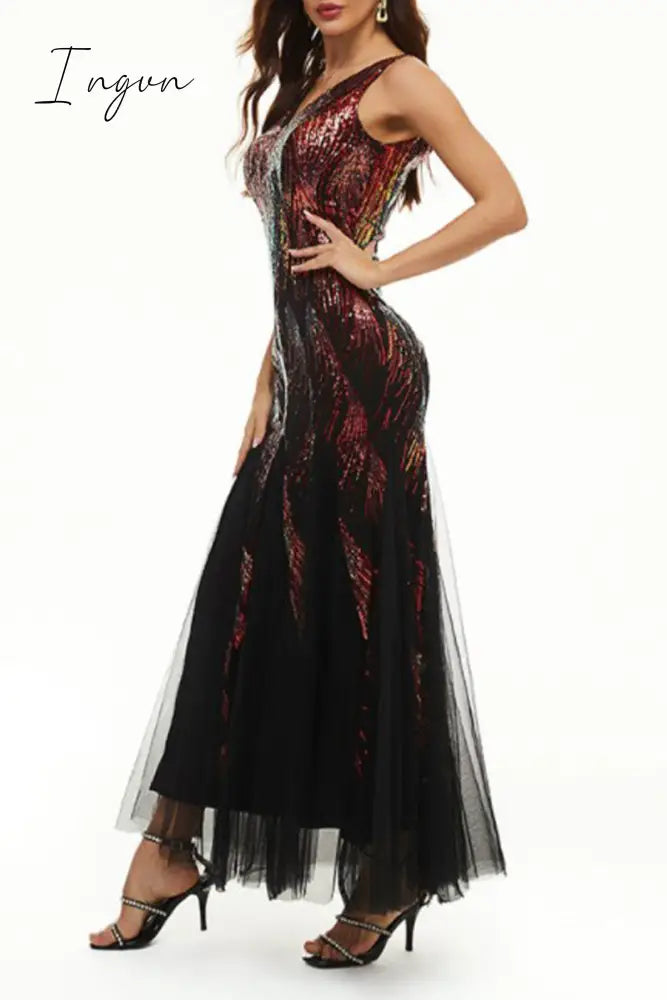 Ingvn - Celebrities Elegant Color Block Patchwork V Neck Evening Dress Dresses