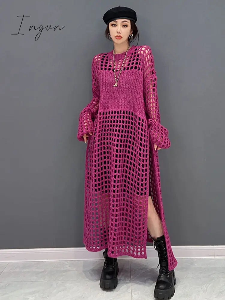 Ingvn - Fashion Solid Color Knitting Dress Loose Casual Temperament Hollow Out Sweater O-neck All-match Women New