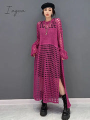 Ingvn - Fashion Solid Color Knitting Dress Loose Casual Temperament Hollow Out Sweater O-neck All-match Women New