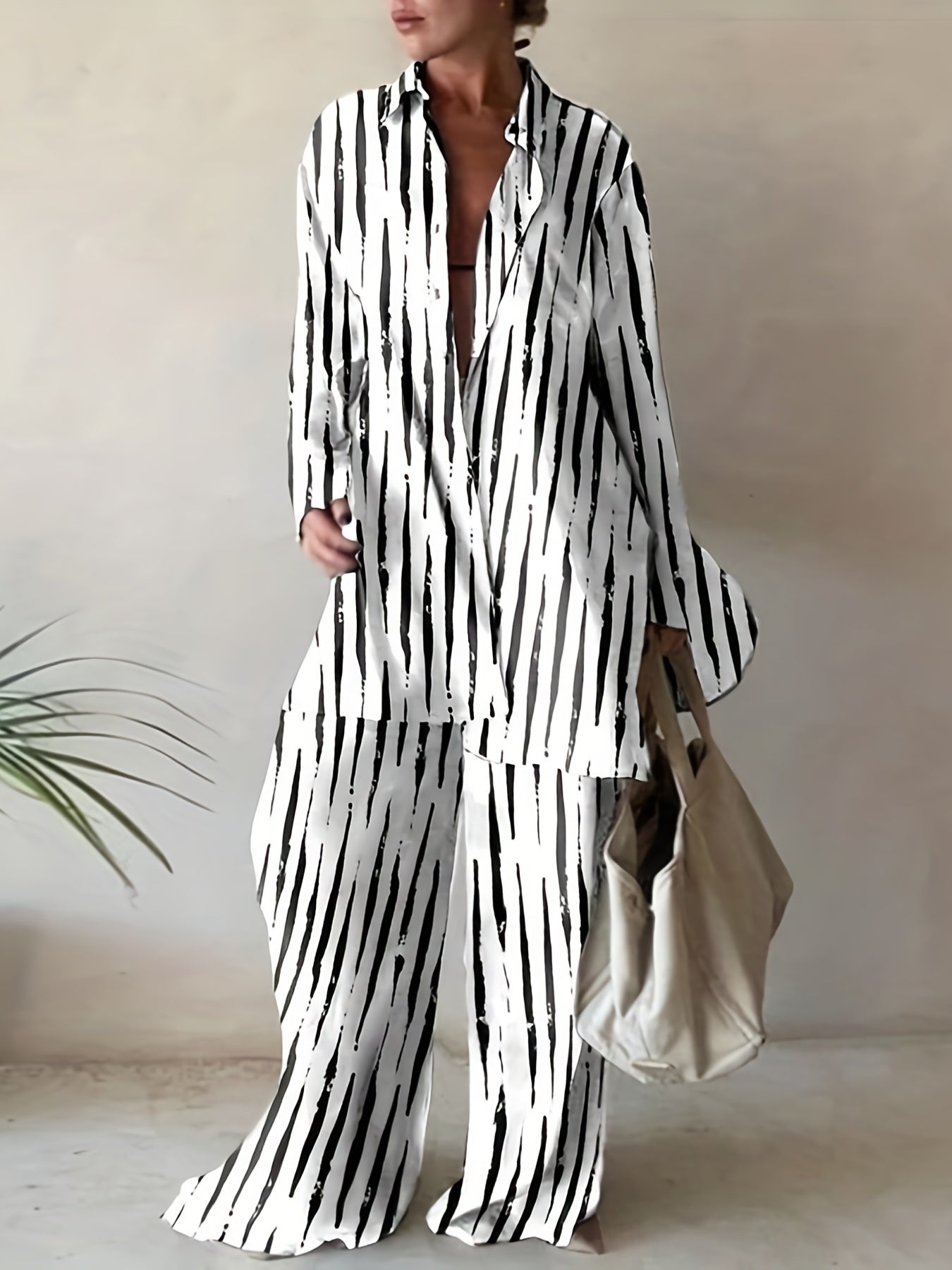 Plus Size Casual Outfits Two Piece Set, Women's Plus Abstract Stripe Print Button Up Long Sleeve Lapel Collar Shirt Top & High Rise Wide Leg Pant Outfits Two Piece Set