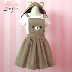 Ingvn - Japanese Kawaii Rilakkuma Lolita Overall Dress Cute Bear Embroidery Hat Ball Gown Harajuku Lolita Dress Harajuku Cute Warm Dress