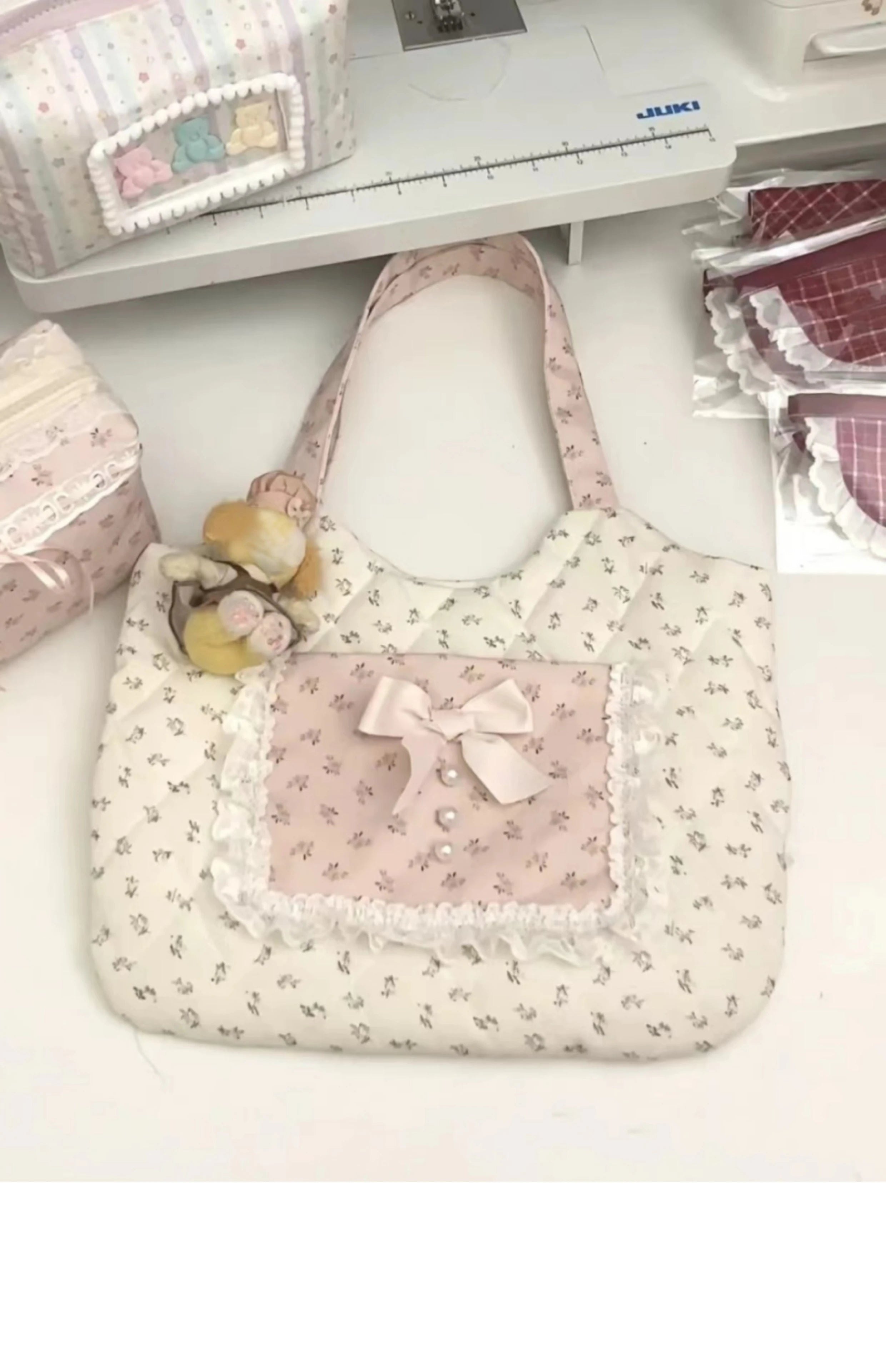 INGVN  Korean Fairy Flower Print Women's Handbags Sweet Y2k Aesthetic Fashion Chic Underarm Bag Contrast Color Kawaii Bow Shoulder Bags