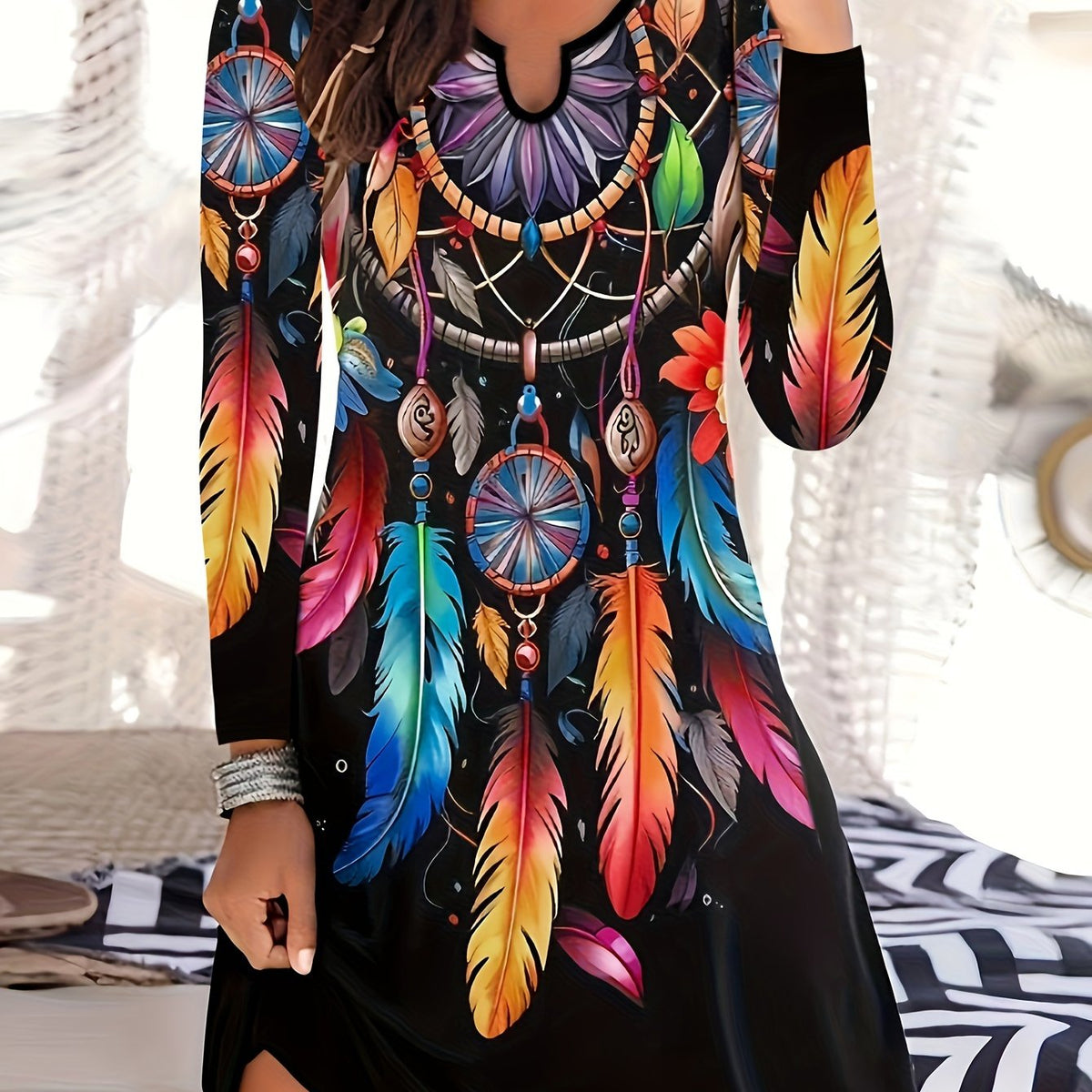 Boho-Chic Vintage Feather Print Dress - V-Neck, Long Sleeve, Stretchy Polyester Blend, Machine Washable - Perfect for Fall