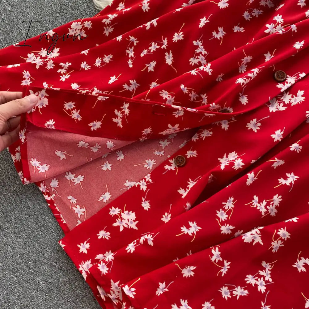 Ingvn - beach Red elegant sexy Dress women Summer Autumn V-neck polka dot midi dress waist split dress vestidos de fiesta clothes
