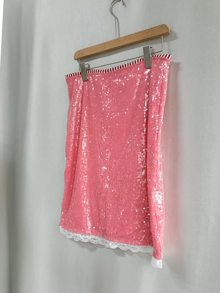 Vintage Sweet Pink Sequin Skirt for Women Simple Slim Fit Bodycon Skirts 2025 Summer New All-match Faldas Sexy Mujer