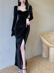 Autumn Sexy Bodycon Evening Party Dress Women Velvet Diamonds Prom Robe Ladies France Vintage Split Mermaid Vestidos Mujer New