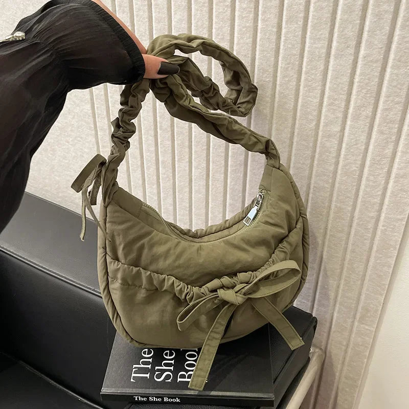 Ingvn  Popular Preppy Style Nylon Bow Hobo Bag Women Cute Pretty Pleated Shoulder Crossbody Bag Drawstring Exquisite Shoulder Bag
