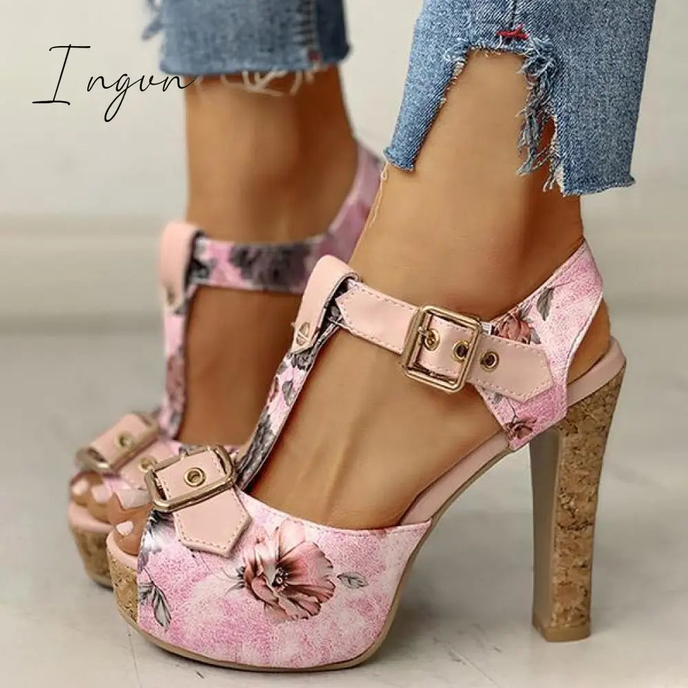 Ingvn - Flower Print Peep Toe Platform Chunky Heels
