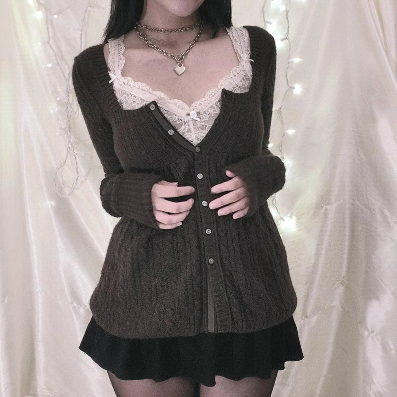 Grunge Knit Cardigan Long Sleeve Single Breasted Knitwear y2k Women Vintage Aesthetic Kawaii Sweater 2000s Streetwear