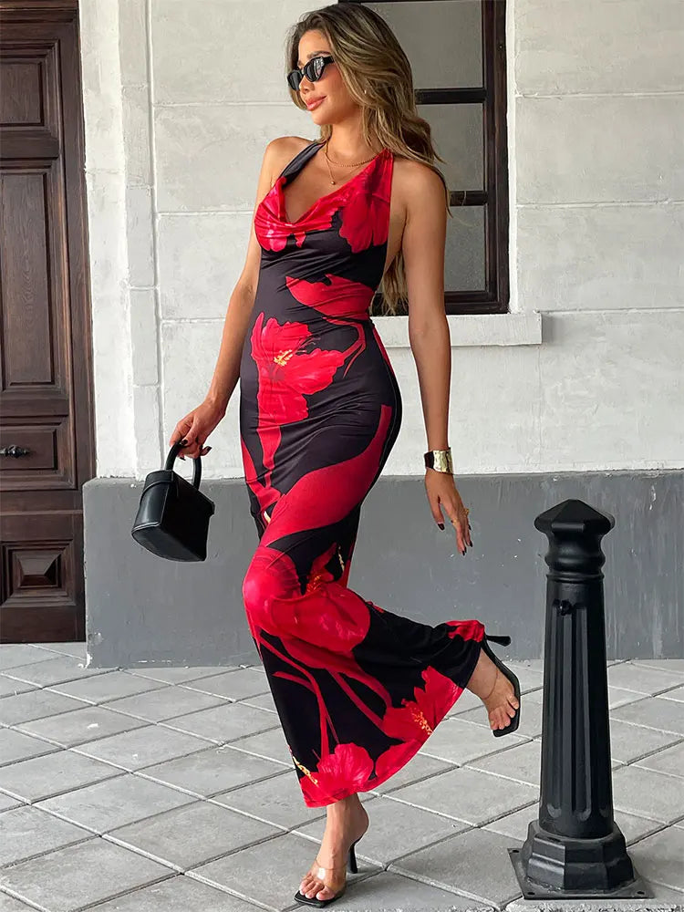 Women Neck-Mounted Maxi Dresses Summer New Streetwear Fashion Lace-up Dress Red Sexy Lady Print Backless Low Chest V-Neck Dress