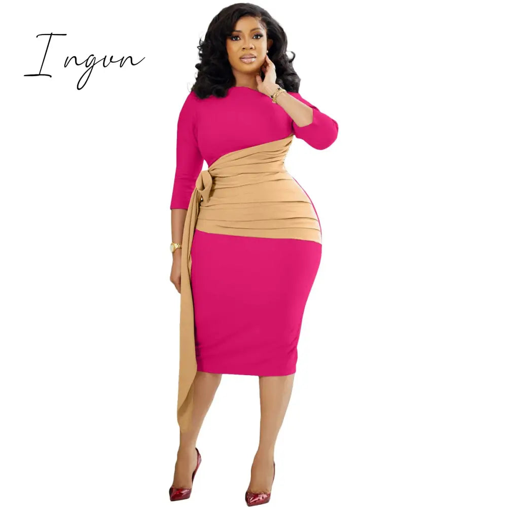 Ingvn - Autumn Fashion Elegant Colorblock Lace-Up Dress Women Office Ladies OL Colorblock Slim Dress Women
