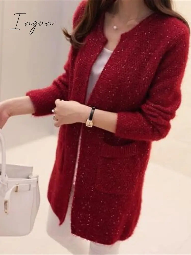Ingvn - Women's Pullover Sweater Jumper Jumper Ribbed Knit Pocket Solid Color Crew Neck Stylish Casual Daily Going out Fall Winter Pink Wine One-Size