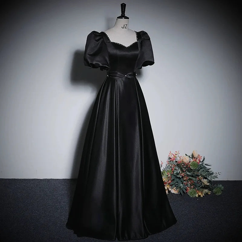 Elegant Satin Black Evening Dresses Beaded Ruched Sweetheart Short Sleeves Formal Party Gowns Long Prom Dresses Robe De Soirée