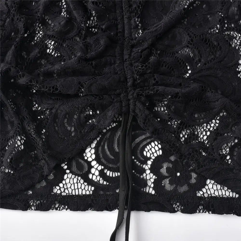 Ingvn - Tassel Stitching Sexy Dress For Women Evening Clubbing Party Square Collar Halter Hollow Out Backless Lace Mini Dress