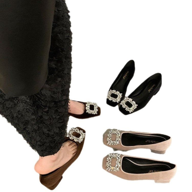 High-grade Rhinestone Shallow Mouth Shoes Women's Elegant Shallow Mouth Spring and Autumn New All-match Square-toe Flat Bean Shoes