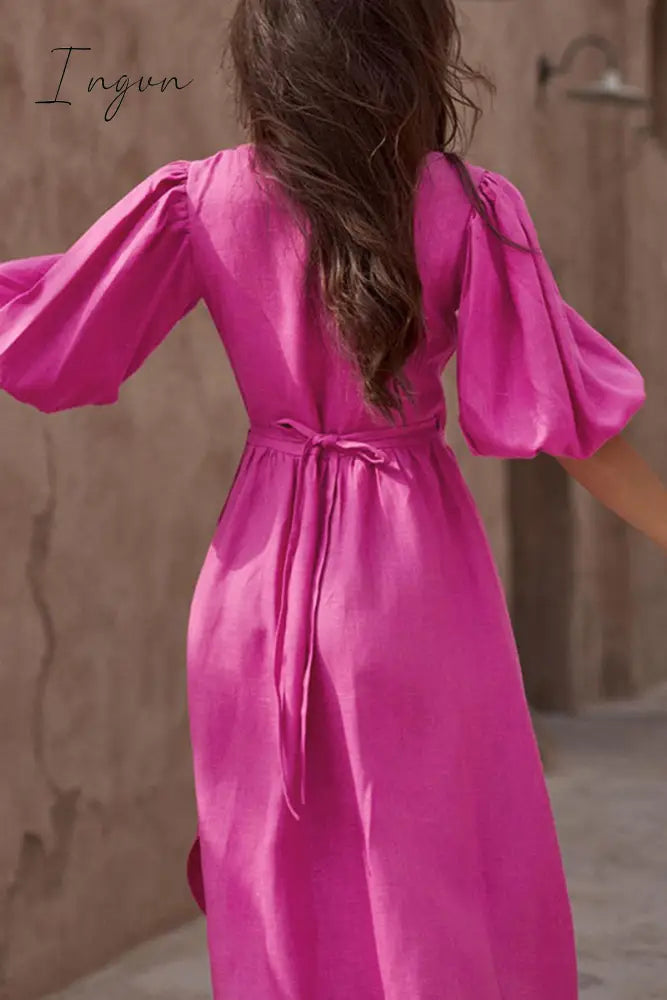 Ingvn - Sexy Simplicity Solid Frenulum V Neck Waist Skirt Dresses