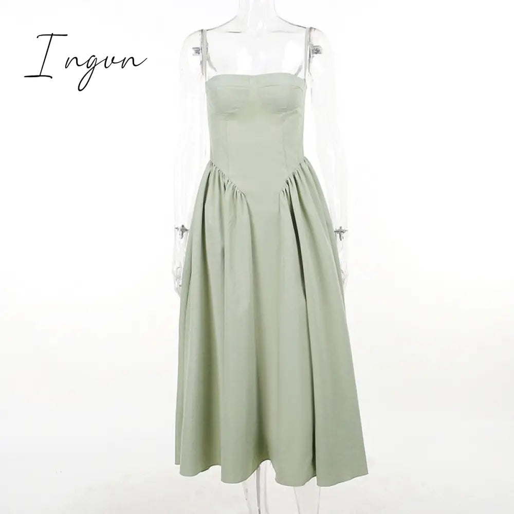 Ingvn - Elegant A- Line Midi Dress Women Spaghetti Strap Sleeveless Backless Slipdress Fashion Temperament Loose Sexy Dress