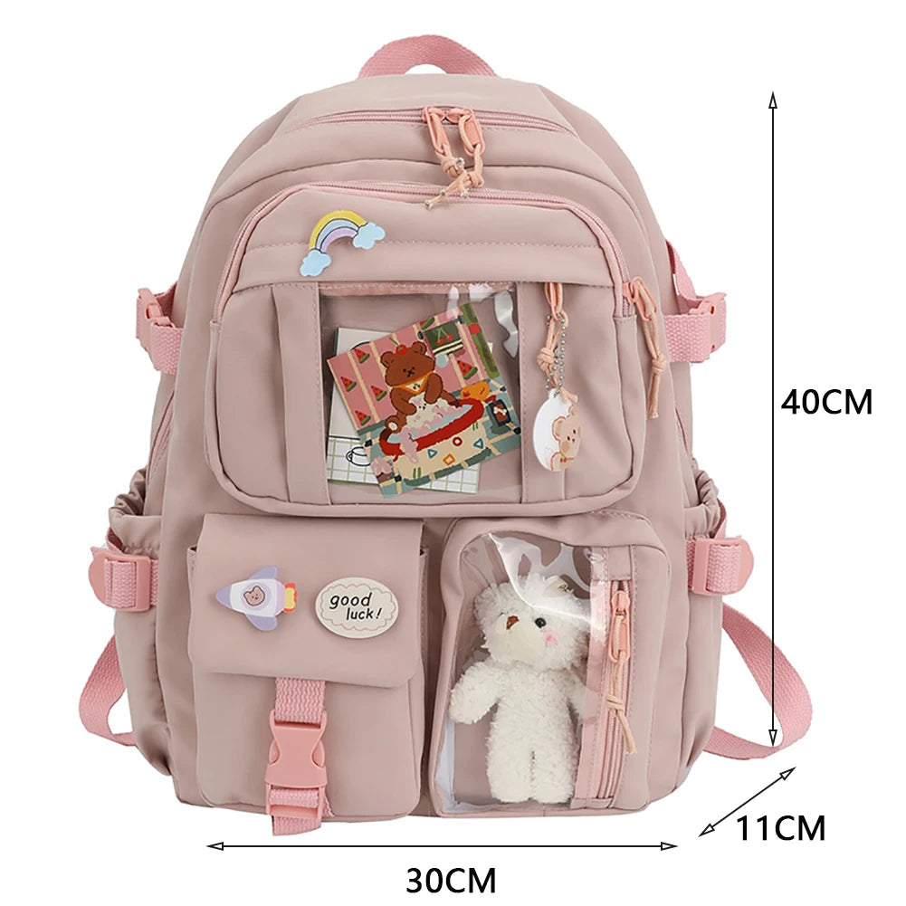 INGVN  Kawaii Aesthetic Women Backpack School Bag for Teen Girls Japanese Korean Rucksack Student Bookbags with Cute Accessor Mochila