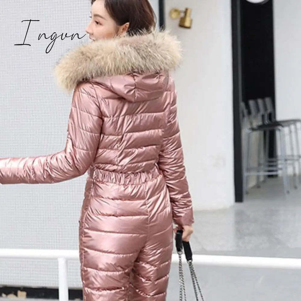Ingvn - One Piece Ski Suit Women Jackets Winter Hooded Parka Jumpsuit Women Cotton bodysuit Sashes Jumpsuits Zipper Overalls Tracksuits