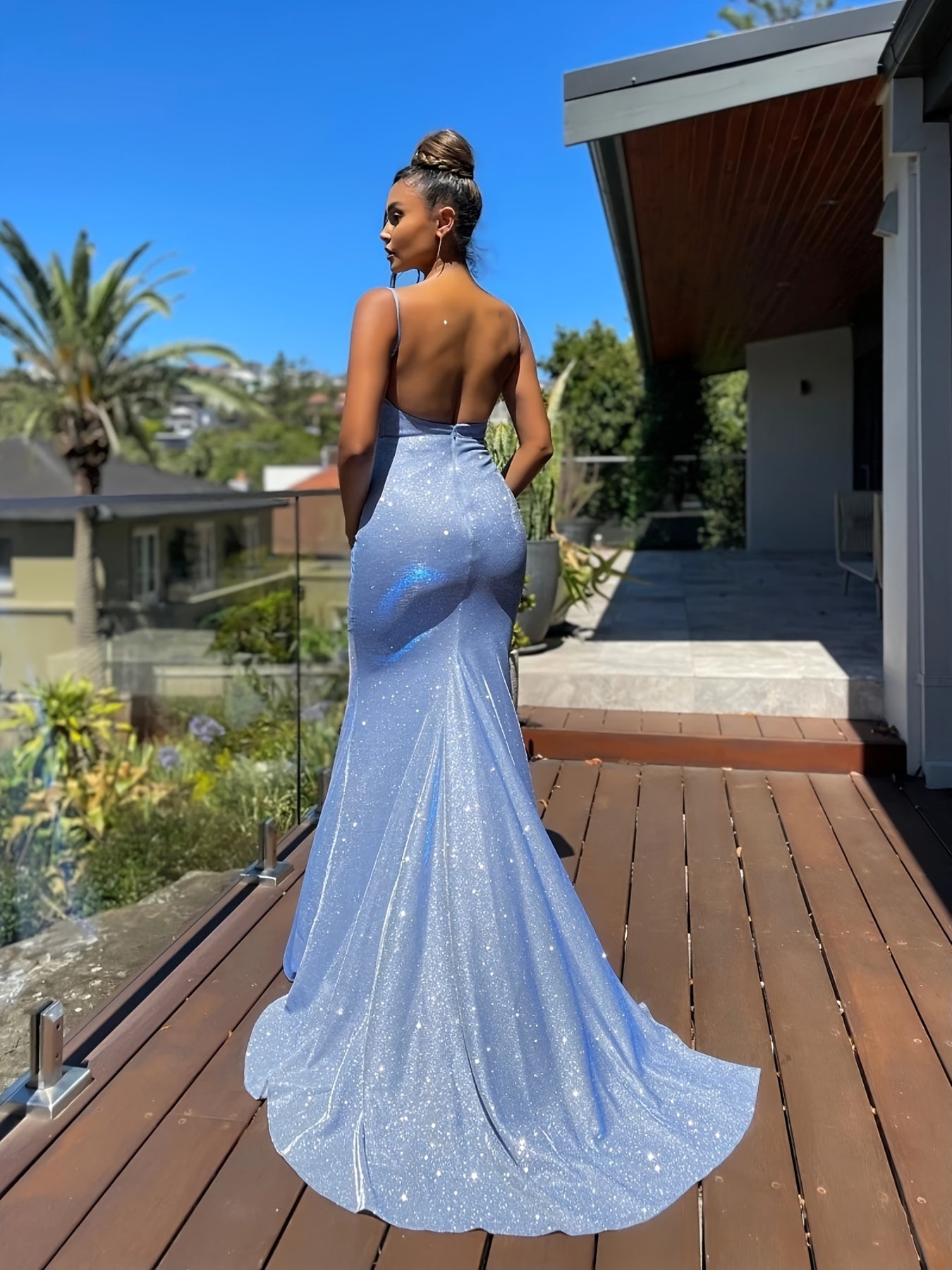 Glitter Sequin Slip Sleeveless Backless Maxi Dress, Slim Elegant Ruffled Cocktail Party Guest Evening Gown Mermaid Dress, Women's Clothing