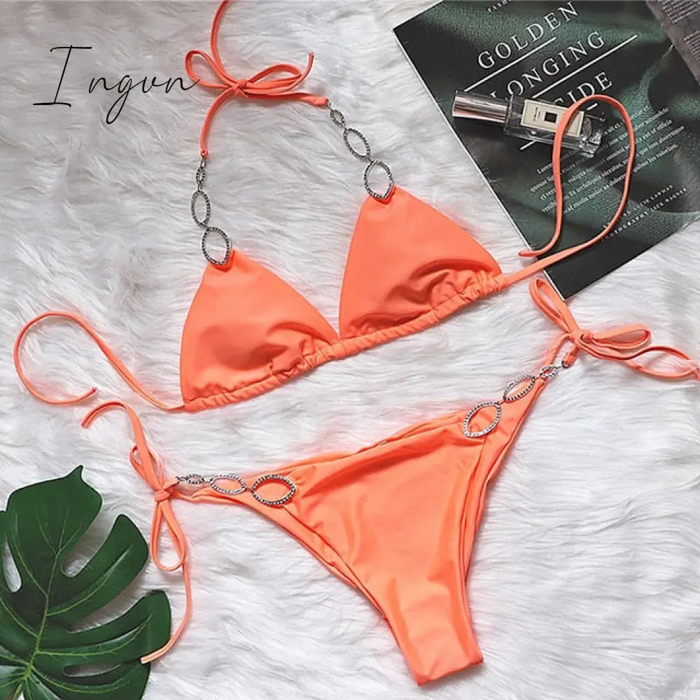 Ingvn - New Shiny Crystal Diamond Bikini Women Halter Bandage Swimsuit Female Swimwear Rhinestone Bikini set Brazilian Bathing Suit