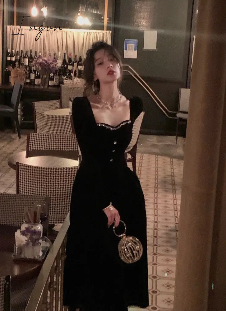 Ingvn - Summer New Elegant Spaghetti Strap Velvet Vintage Black Dress Women Sexy Prom Evening Party Fashion Clothing