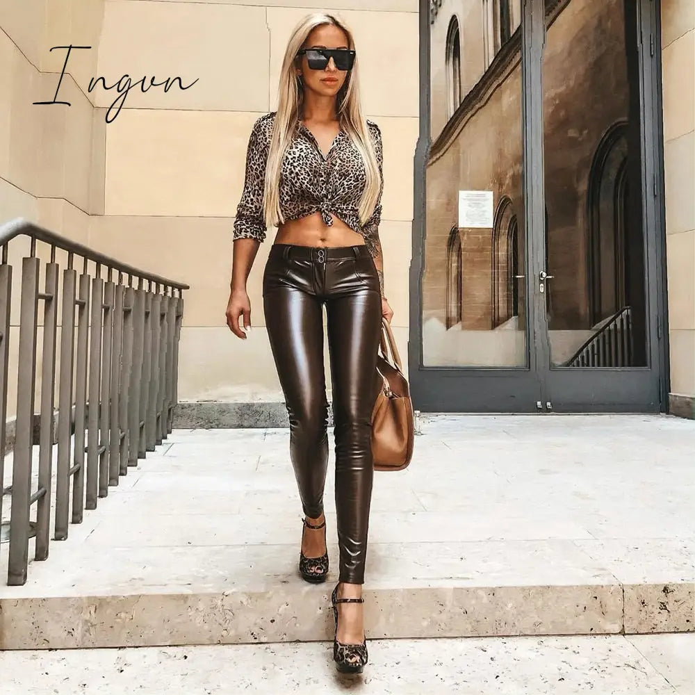Ingvn - Melody Brown Leather Pants Vintage Trausers Women Leggings Pvc Sexy Comfortable Moto Work Pants Woman Vinyl Trousers
