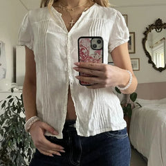 y2k Shirt Top Women Fairycore Clothes White V Neck Short Sleeve Button Down Pleated Blouse 2000s Aesthetic Clothing﻿