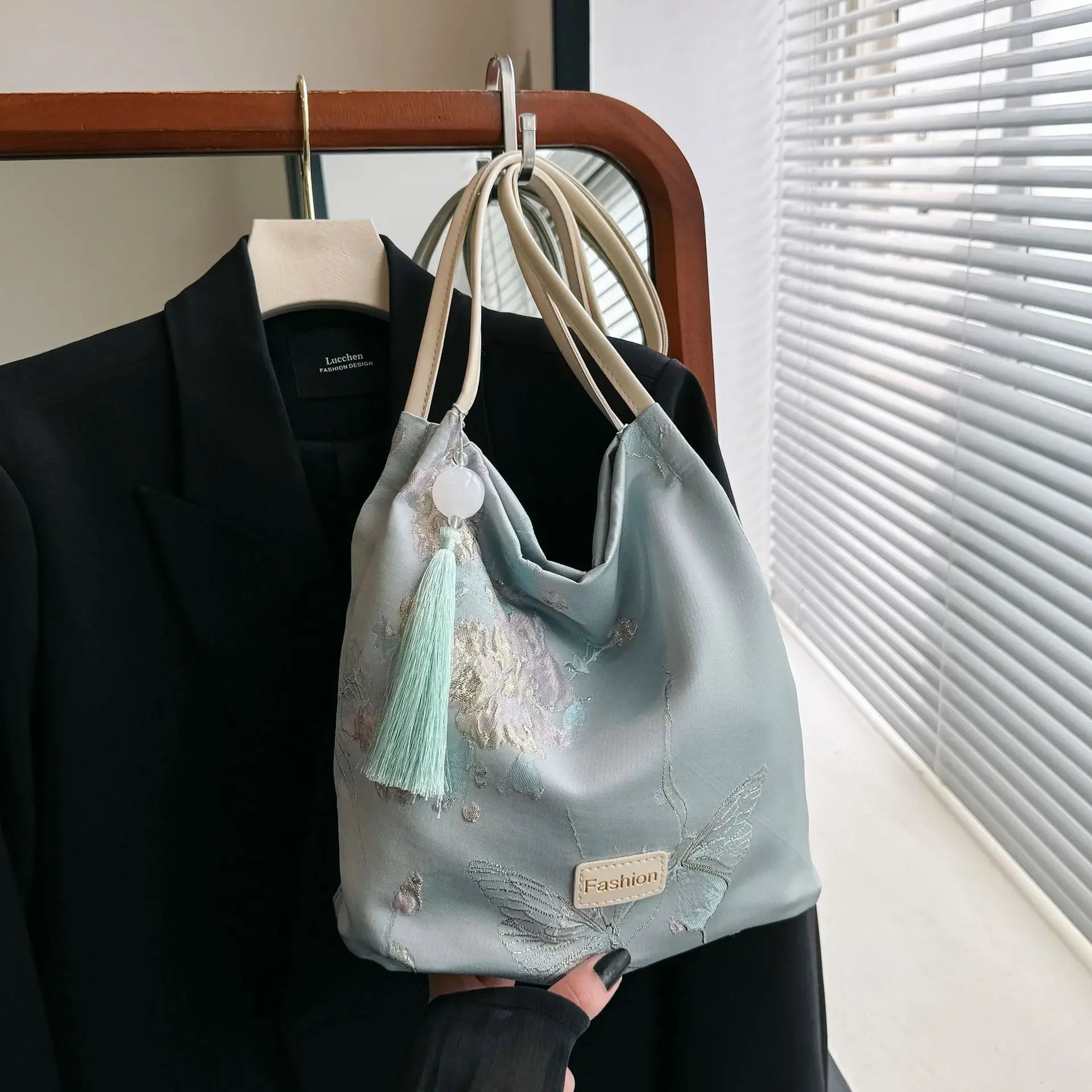Ingvn  Floral Embroidery Bucket Handle BagWomen Hanfu Collocation Butterfly PU Strap Satin Shoulder Bag
