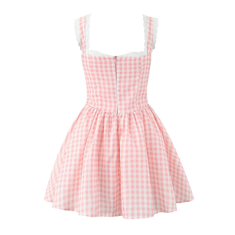 Sexy Elegant Pink Sling Mini Dress For Women  Lace Trim Slim Summer Holiday Dresses Graduation Robe Bridesmaids Clothes