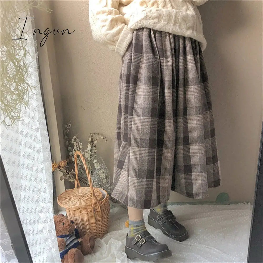 Ingvn - Japanese Rainbow High Waist A-Line Wool Plaid Skirt Female Students Preppy Style Wild Midi Skirt Women Autumn Long Skirt