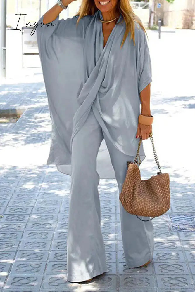 Ingvn - Casual Solid Patchwork Fold Asymmetrical V Neck Half Sleeve Two Pieces(5 colors)