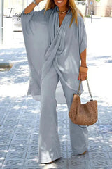 Ingvn - Casual Solid Patchwork Fold Asymmetrical V Neck Half Sleeve Two Pieces(5 colors)