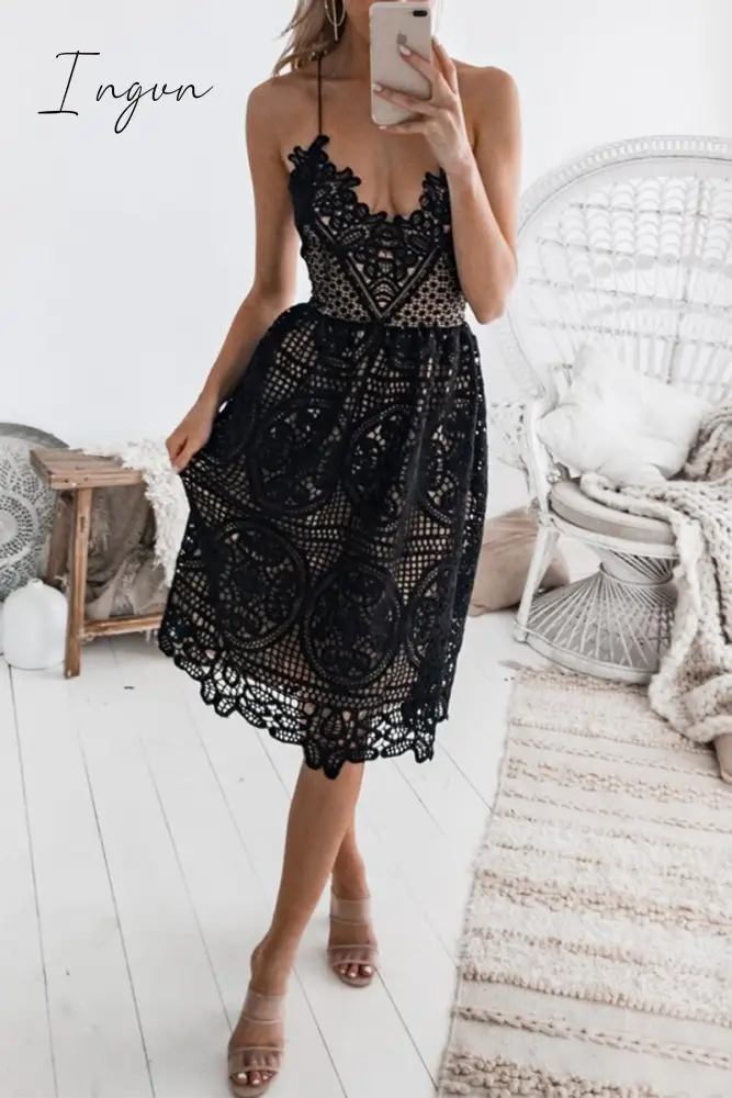Ingvn - Casual Patchwork Lace Spaghetti Strap Lace Dress Dresses