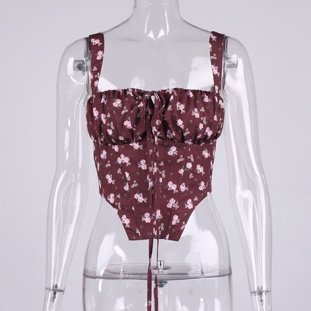 Black Floral Corset Women Summer Sexy Backless Boned Lace Up Crop Top Party Casual Wear Prairie Chic Print Tops  New